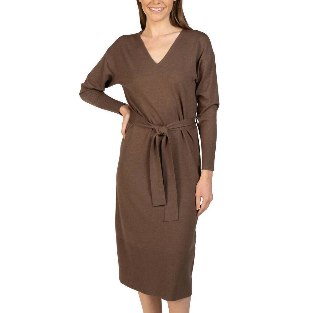 NEW LOVE TOKEN knit midi sweater dress with tie sash in brown